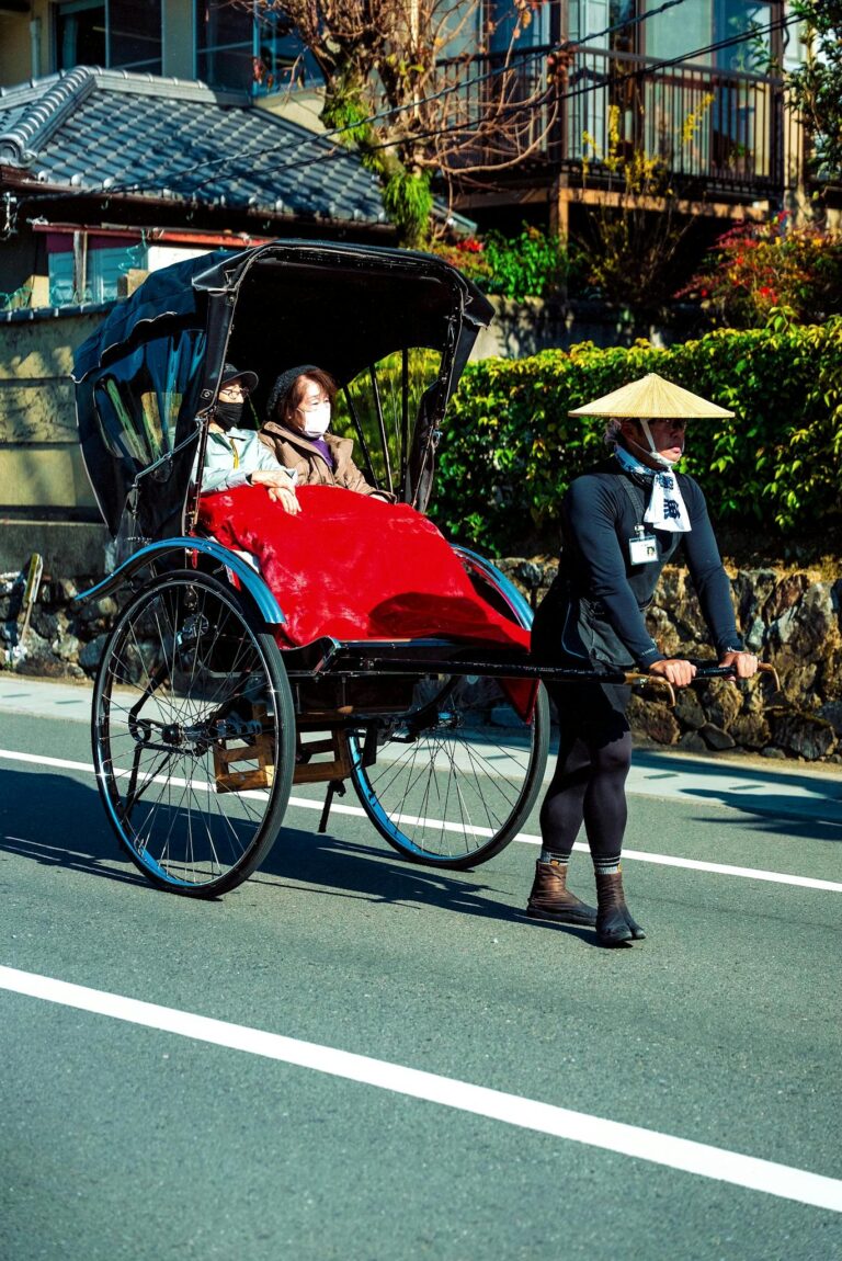 A traditional rickshaw ride in Japan, showcasing cultural attire and urban scenery.